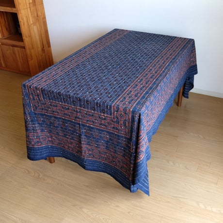 マルチクロス　刺し子　約145×235cm　インド綿　ブロックプリント　アジュラック　インディゴ×小花