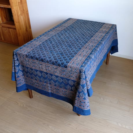 マルチクロス　約145×224cm　インド綿　ブロックプリント　アジュラック　インディゴ×小花