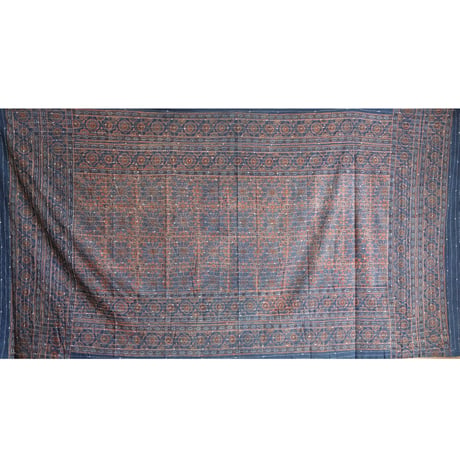 マルチクロス　刺し子　約145×260cm　インド綿　ブロックプリント　アジュラック　インディゴ×紋章