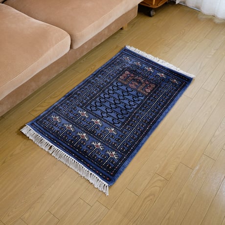 インド　手織り絨毯　ウール　＜約60 x 99 ㎝＞　青・トライバル