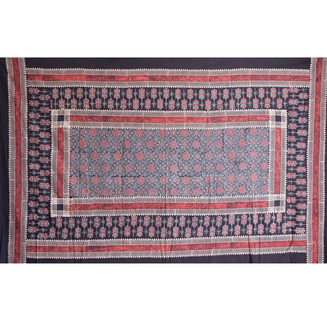 マルチクロス　約145×224cm　インド綿　ブロックプリント　アジュラック　ブラック×紋章