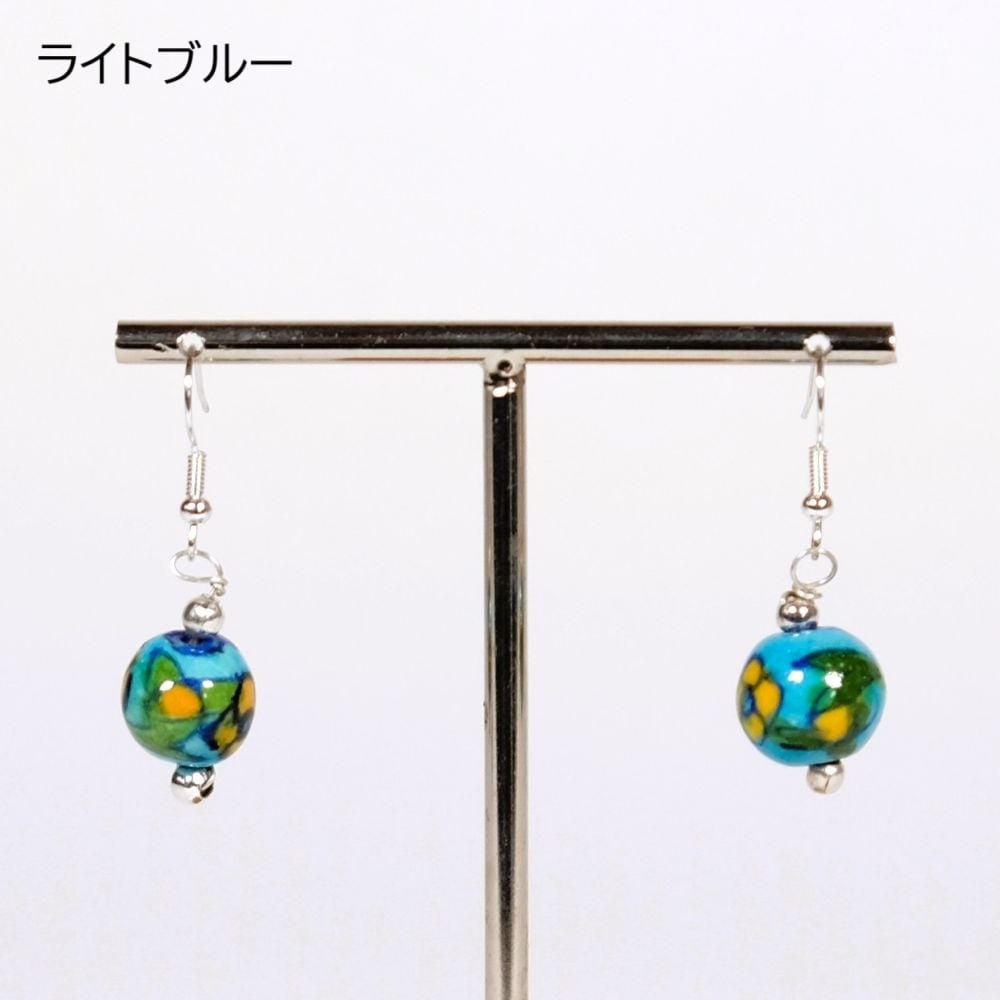 陶器ピアス イヤリング インド ブルーポタリー ライトブルー/イエロー