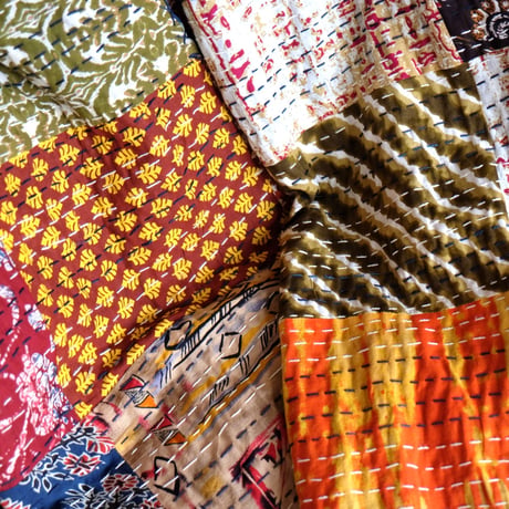 インド綿　グドリ　パッチワーク　刺し子刺繍　ブロックプリント　マルチクロス　ダブルサイズ