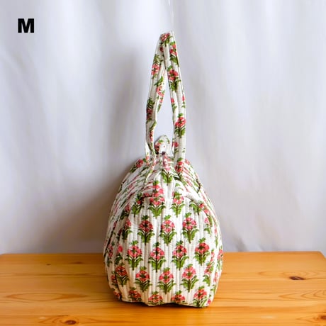 ダッフルバッグ　インド綿　ブロックプリント　ピンクフラワー