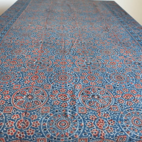 マルチクロス　約145×224cm　インド綿　ブロックプリント　アジュラック　インディゴ×紋章