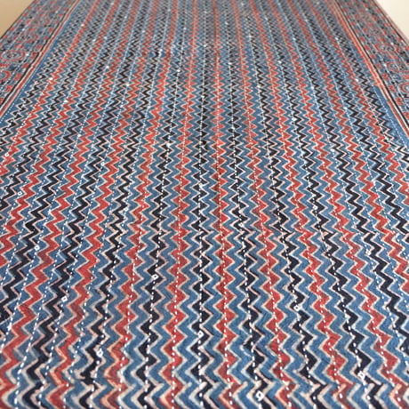 マルチクロス　刺し子　約145×235cm　インド綿　ブロックプリント　アジュラック　インディゴ×縦縞