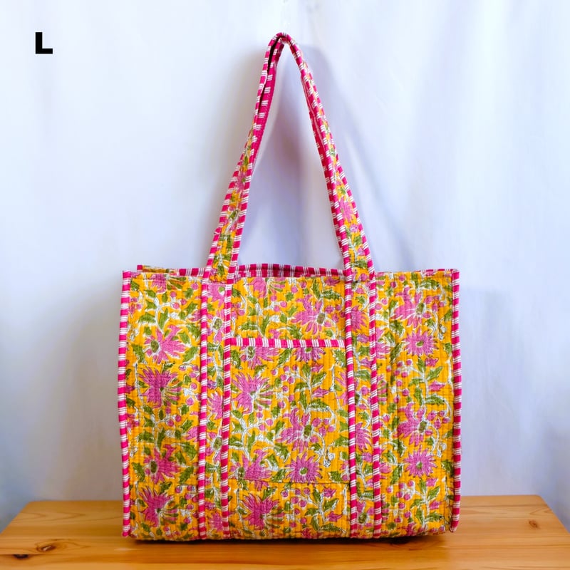 トートバッグ インド綿 ブロックプリント イエロー | インド雑貨のお店