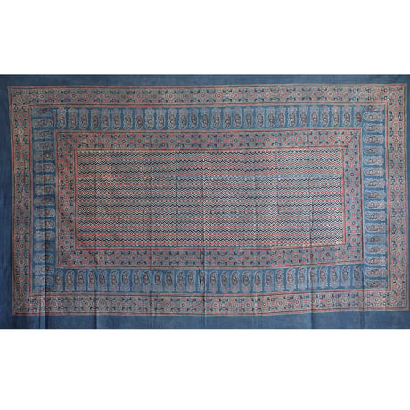 マルチクロス　約145×224cm　インド綿　ブロックプリント　アジュラック　インディゴ×縦縞