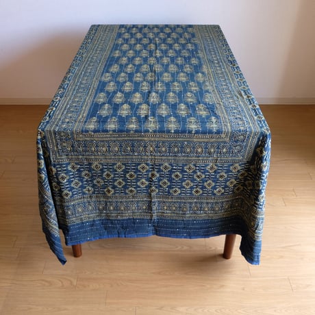 マルチクロス　刺し子　約145×235cm　インド綿　ブロックプリント　アジュラック　ターコイズ×草木