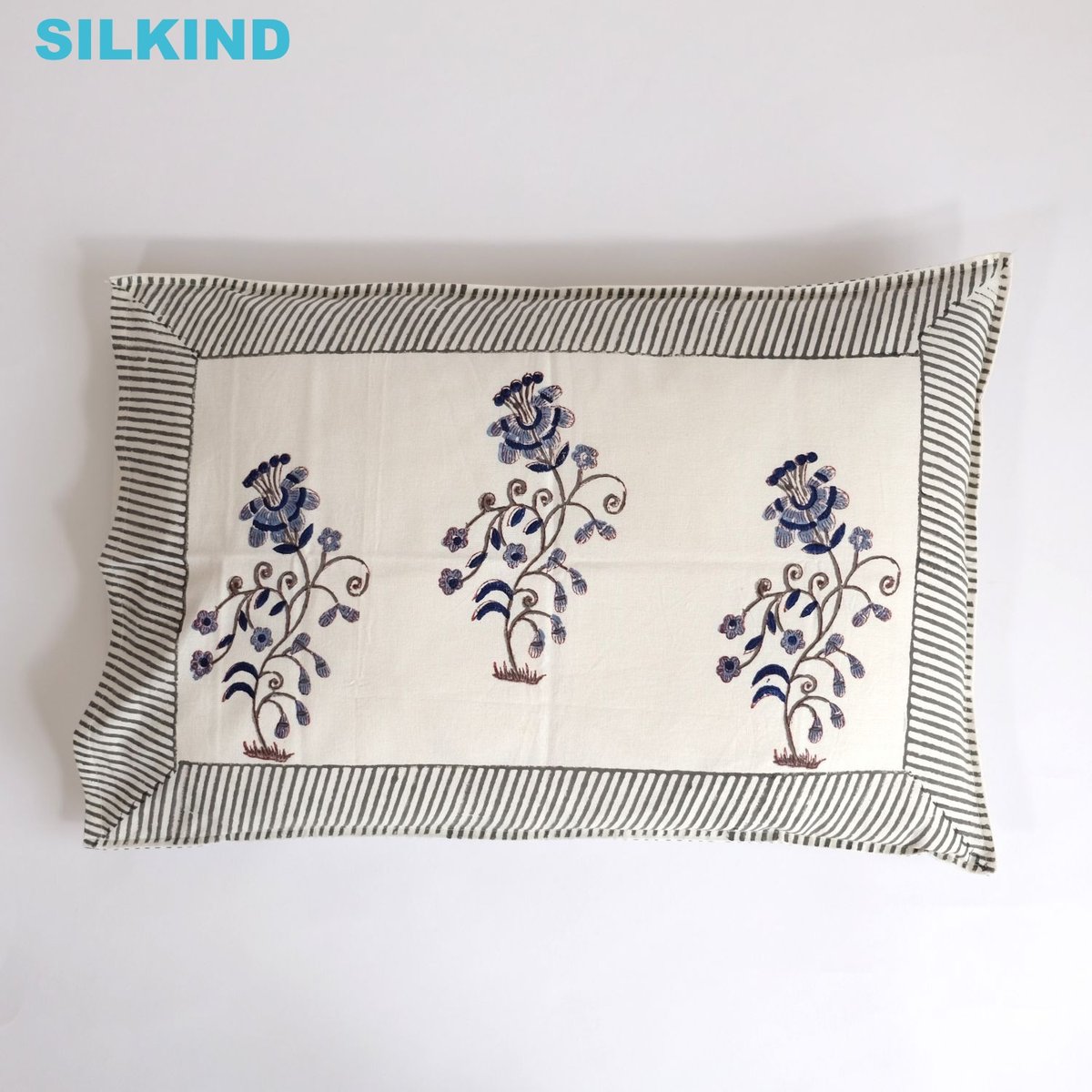 枕カバー インド綿 ブロックプリント ブルーグレー | インド雑貨のお店