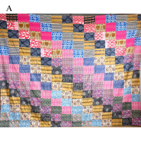 インド綿　グドリ　パッチワーク　刺し子刺繍　ブロックプリント　マルチクロス　ダブルサイズ