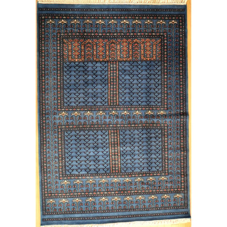 インド　手織り絨毯　ウール　＜約154 x 223 ㎝＞　青・トライバル