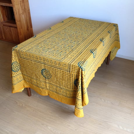 マルチクロス　刺し子　約145×235cm　インド綿　ブロックプリント　アジュラック　イエロー×鳥