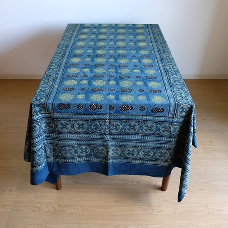 マルチクロス　約145×224cm　インド綿　ブロックプリント　アジュラック　ターコイズ×水玉