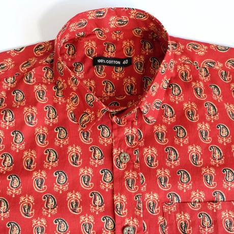 ショートスリーブシャツ　ブロックプリント　Medium/Large　レッド×ペイズリー