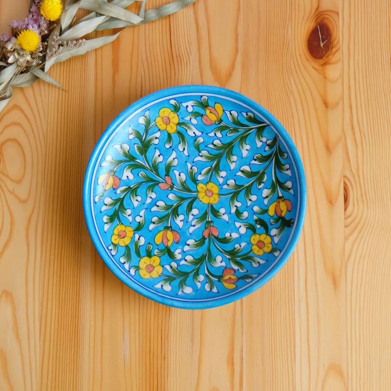 陶器皿セット 色鮮やかな花柄と青色の絵柄 20cm ホビー・楽器・アート