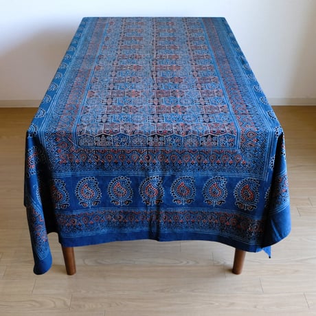マルチクロス　約145×224cm　インド綿　ブロックプリント　アジュラック　インディゴ×格子
