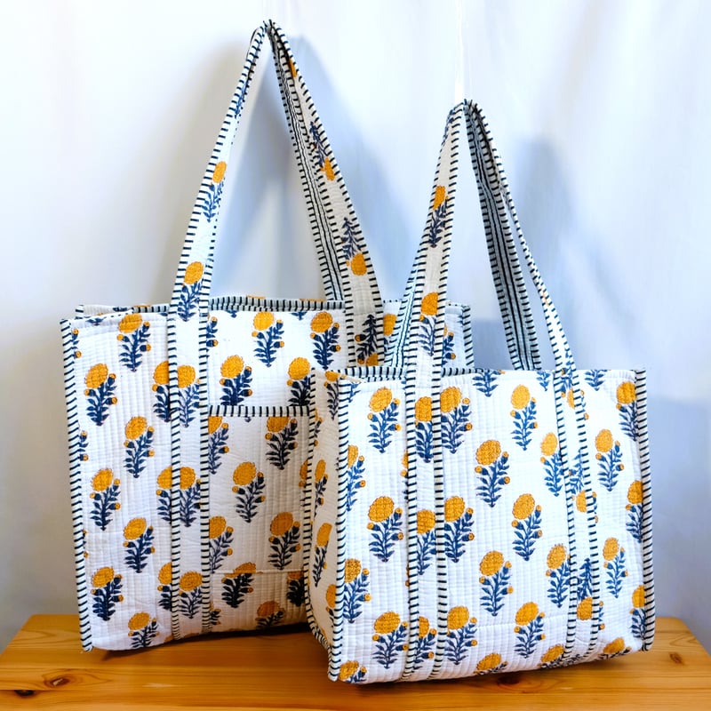 未使用※インド ブロックプリント 中綿入りベビーキルト オレンジイエロー エコバッグ インド綿 ブロックプリント オレンジプラント | インド雑貨