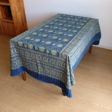 マルチクロス　刺し子　約145×235cm　インド綿　ブロックプリント　アジュラック　ターコイズ×水玉