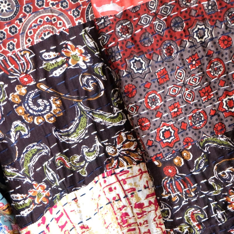 インド綿 グドリ パッチワーク 刺し子刺繍 ブロックプリント マルチ