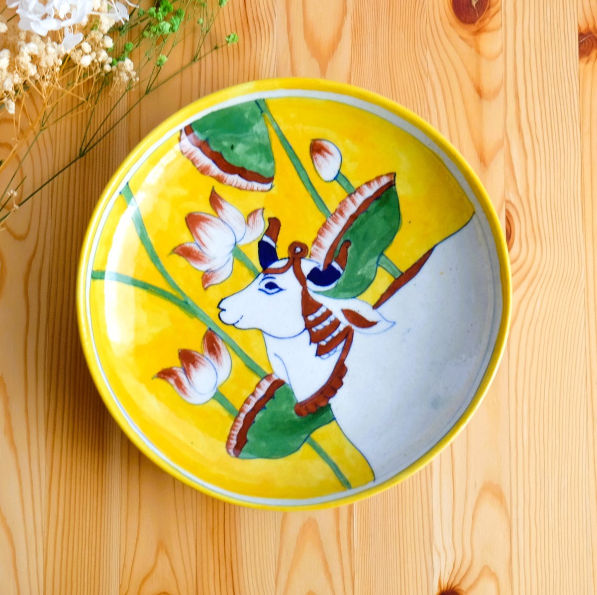 文字 真鍮製*彩色供物皿 14．4センチ(黄緑) 中皿 直径：20cm〕