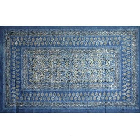 マルチクロス　約145×224cm　インド綿　ブロックプリント　アジュラック　ターコイズ×格子