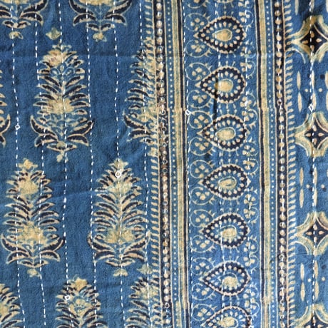 マルチクロス　刺し子　約145×235cm　インド綿　ブロックプリント　アジュラック　ターコイズ×草木