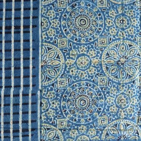 マルチクロス　約145×224cm　インド綿　ブロックプリント　アジュラック　ターコイズ×紋章