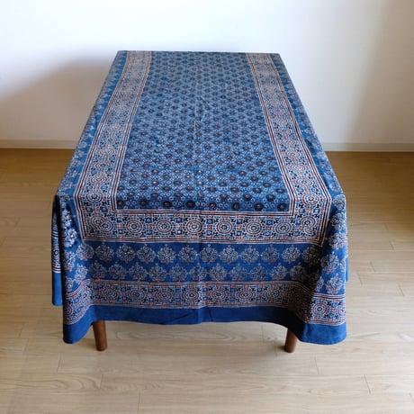 マルチクロス　約145×224cm　インド綿　ブロックプリント　アジュラック　インディゴ×小花