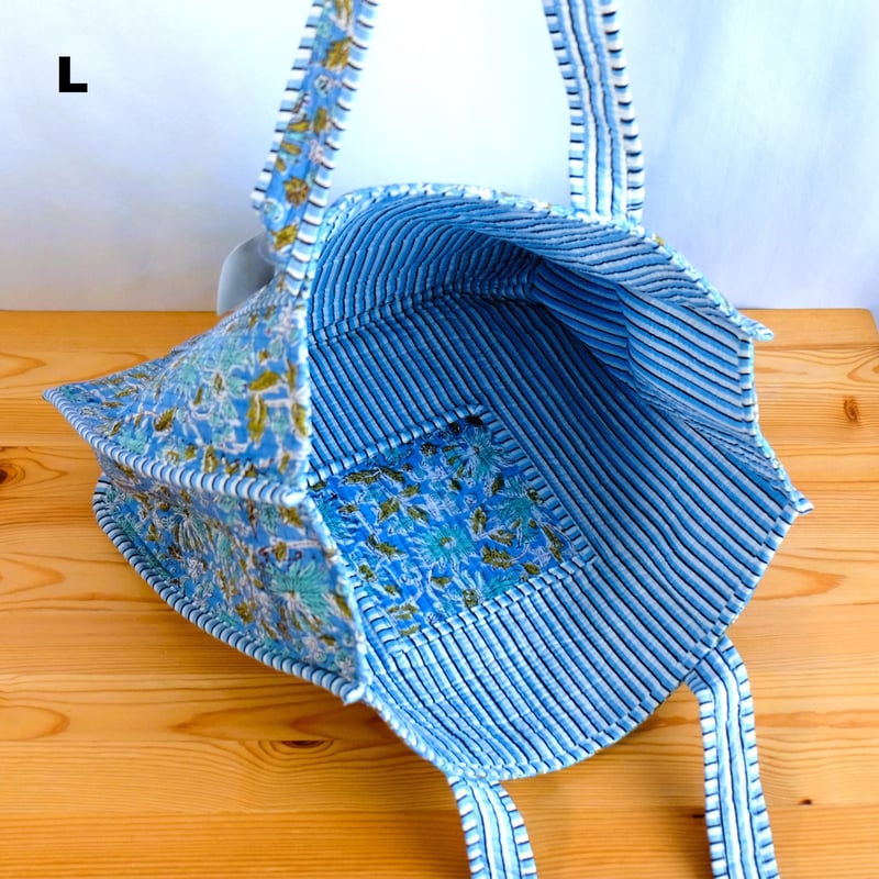 トートバッグ インド綿 ブロックプリント ライトブルー | インド雑貨の