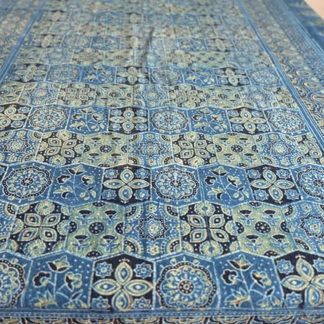 マルチクロス　約145×224cm　インド綿　ブロックプリント　アジュラック　ターコイズ×格子