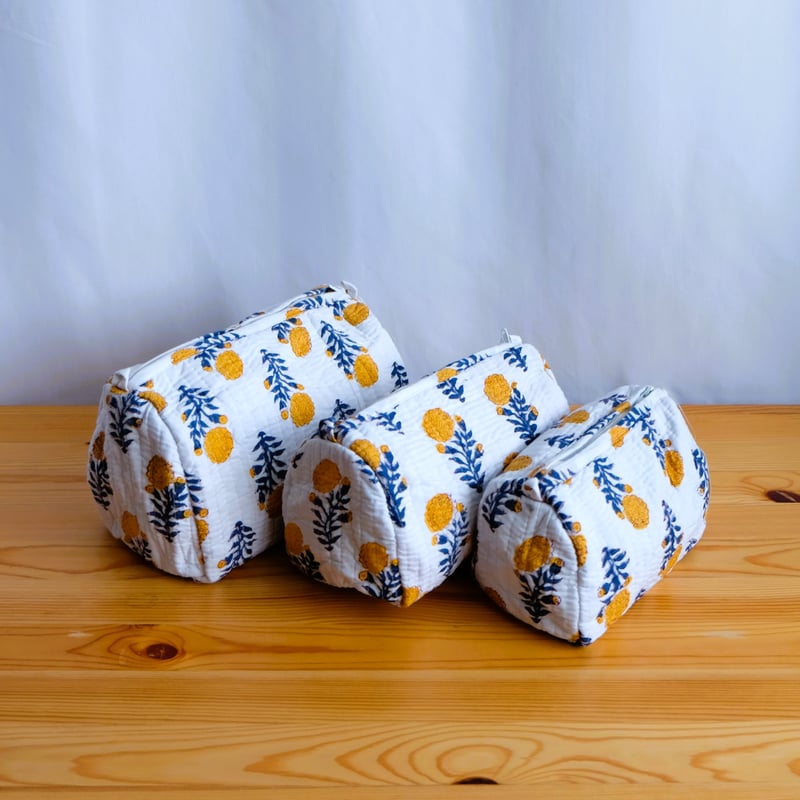 ポーチ インド綿 ブロックプリント イエローフラワー | インド雑貨のお