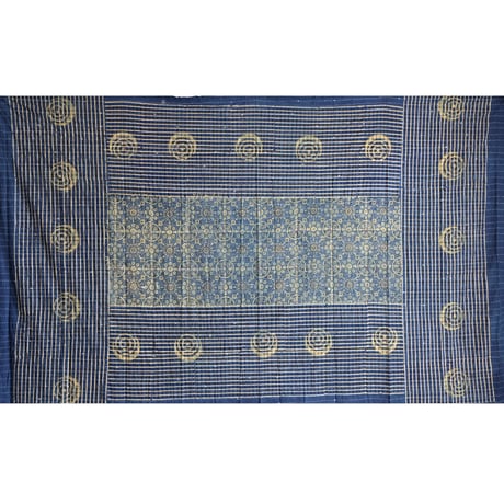 マルチクロス　刺し子　約145×235cm　インド綿　ブロックプリント　アジュラック　ターコイズ×紋章