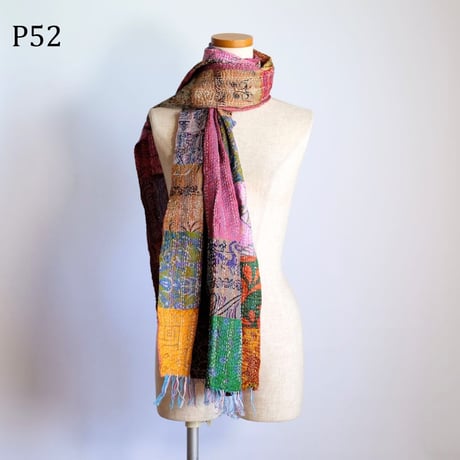 シルクカンタ　ストール　パッチワーク　約50×200cm　インド刺し子布　P51～P60