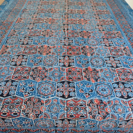 マルチクロス　約145×224cm　インド綿　ブロックプリント　アジュラック　インディゴ×格子