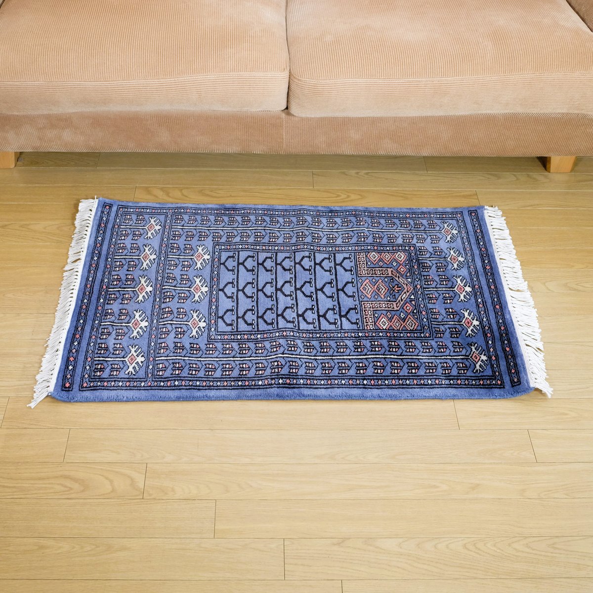 インド 手織り絨毯 ウール ＜約60 x 99 ㎝＞ 青・トライバル