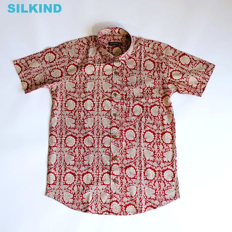 ショートスリーブシャツ　ブロックプリント　Medium/Large　レッド×フラワー