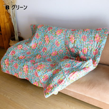 キルト　ブランケット　インド綿　ブロックプリント　シングルサイズ