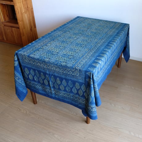 マルチクロス　約145×224cm　インド綿　ブロックプリント　アジュラック　ターコイズ×格子