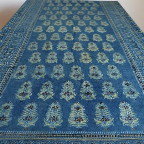 マルチクロス　約145×224cm　インド綿　ブロックプリント　アジュラック　ターコイズ×草木