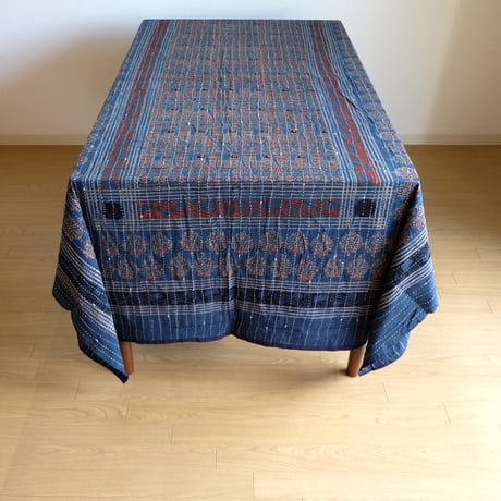 マルチクロス　刺し子　約145×235cm　インド綿　ブロックプリント　アジュラック　インディゴ×鳥