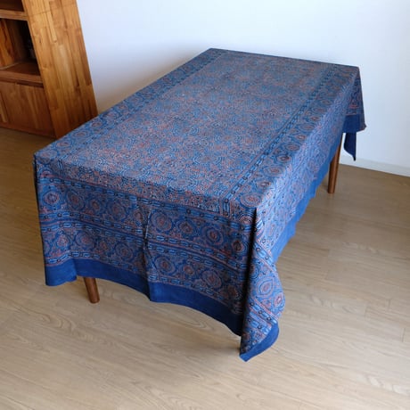 マルチクロス　約145×224cm　インド綿　ブロックプリント　アジュラック　インディゴ×紋章