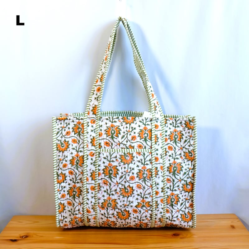 未使用※インド ブロックプリント 中綿入りベビーキルト オレンジイエロー トートバッグ インド綿 ブロックプリント イエロー | インド雑貨のお店