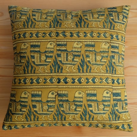 クッションカバー　約40×40cm　インド綿　ブロックプリント　アジュラック　イエロー×鳥