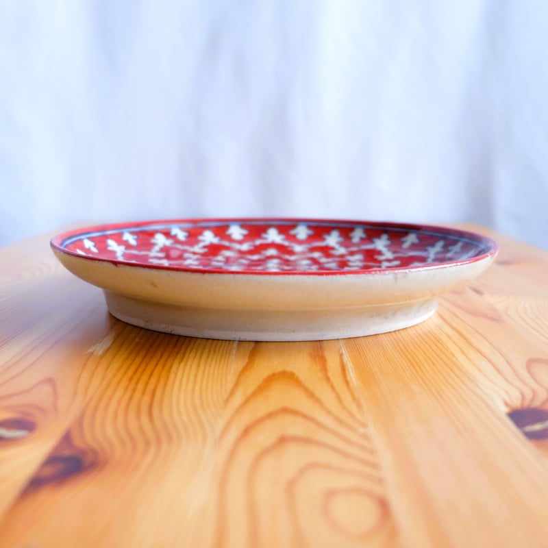 陶器飾り皿 インド ブルーポタリー 大サイズ 赤地に放射状の花弁