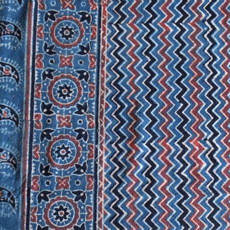 マルチクロス　約145×224cm　インド綿　ブロックプリント　アジュラック　インディゴ×縦縞