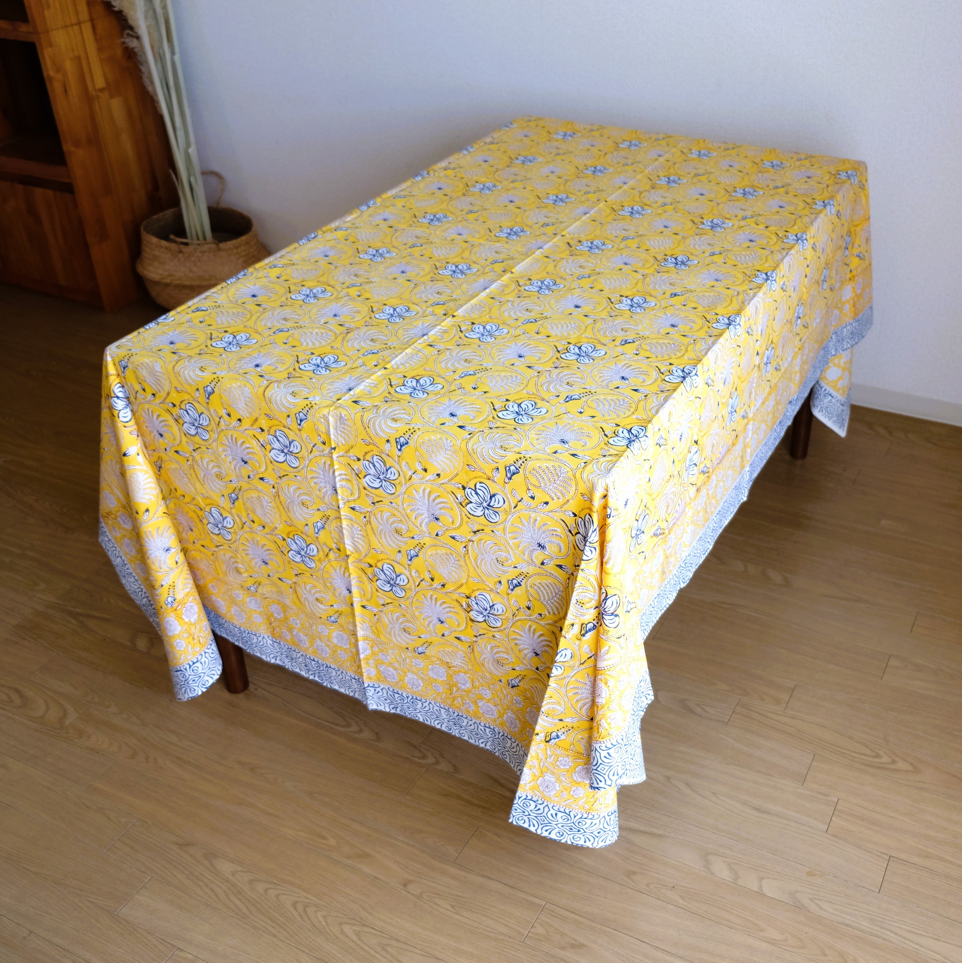 マルチクロス 約152×228㎝ インド綿 ブロックプリント イエロー