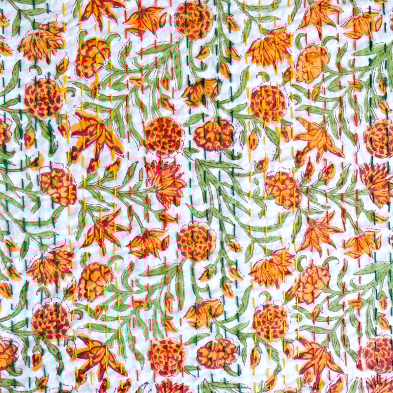 マルチクロス 刺し子 約152×228㎝ インド綿 ブロックプリント イエロー