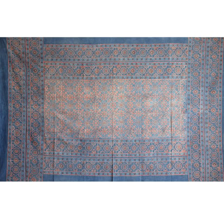 マルチクロス　約145×224cm　インド綿　ブロックプリント　アジュラック　インディゴ×紋章