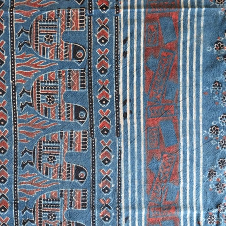 マルチクロス　約145×224cm　インド綿　ブロックプリント　アジュラック　インディゴ×鳥